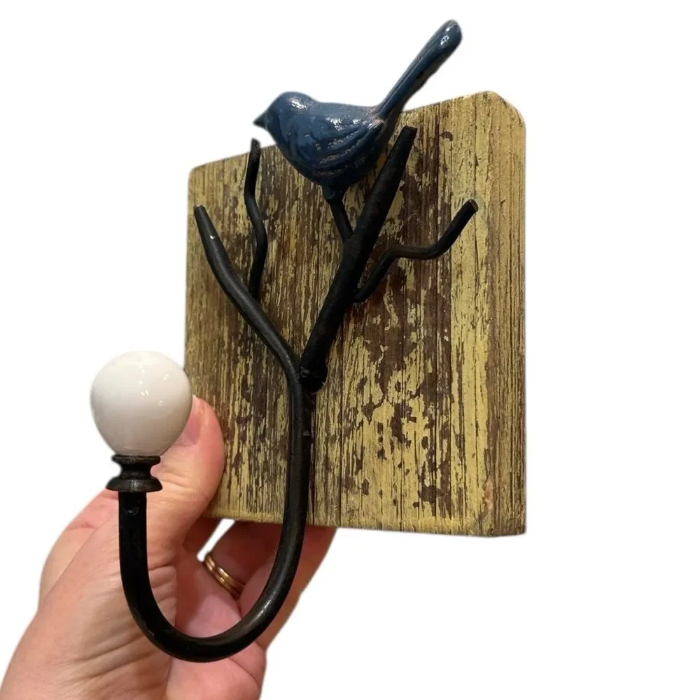 Rustic Wood Mounted Bird on Branch Wall Hook Rustic Farmhouse Cottagecore